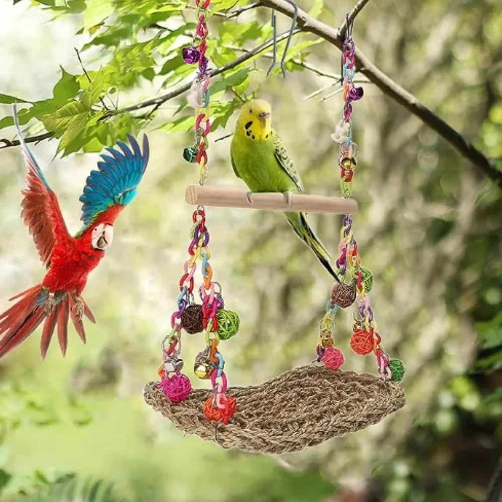 Woven-Seagrass Bird Hammock - Bird Swing Toys w/ Wood Perch